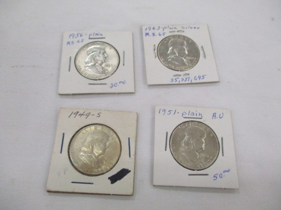 US Silver Franklin halves 1949S,1956 unc., 1951 unc., 1963 unc., 4 coins