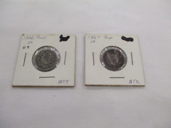 US Shield nickels with rays 1866 & 1867, 2 coins