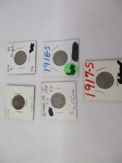 US Buffalo nickels all S 1914,16,17,18,28 all S, 5 coins