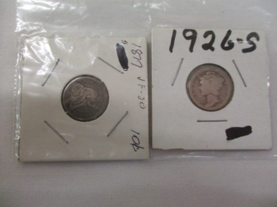 US silver dimes 1877 seated Liberty, 1926S mercury, 2 coins