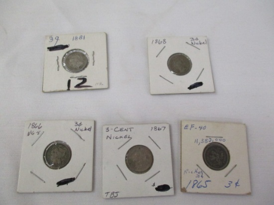 US Three cent nickels 1865,66,67,68 & 1881, 5 coins