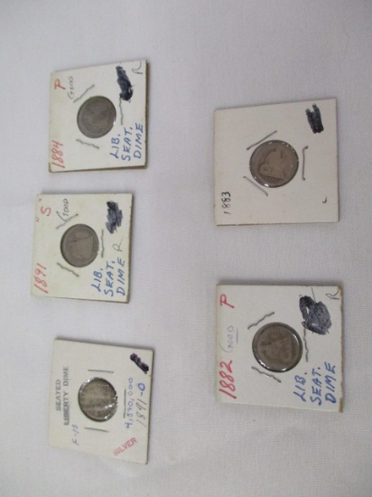 US Liberty seated dimes 1882,83,84,1891S,1891 O, 5 coins
