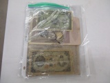 World currency/coins &  2 US silver certificates 9 world notes & 9 world coins, 20 items