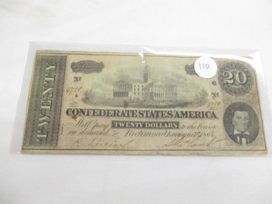 Currency $20 Confederate bill, seems authentic, buyer to determine