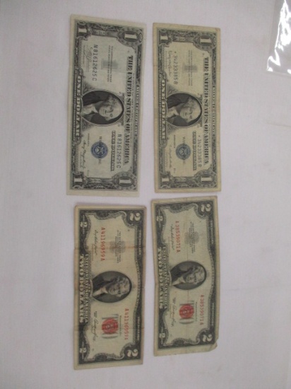 US Currency $1.00 Silver Certificate 1935A, 1957B star note, $2.00 bills 1953 red seal, 4 notes
