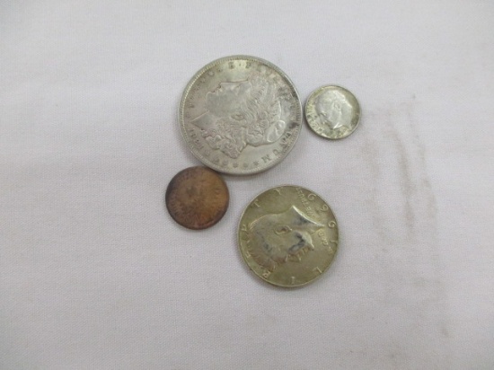 US Coins misc. Morgan dollar 1921, Kennedy half 40%, Roosevelt dime silver, 1906 Indian head cent, (