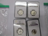 NGC slabs Washington quarters 1935 MS64, 1947 UNC cleaned, 1954S MS65, 1958D MS64, 4 coins