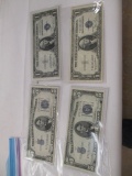 US currency $1.00 3 bills, one crisp 1935B, Silver certificates $5.00 bills 1934C&D, 2 bills crisp,
