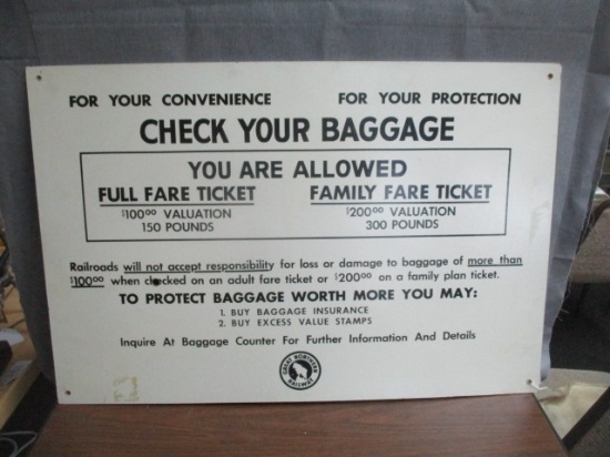 Great Northern Railway "Check Your Baggage" Masonite Sign - 36" x 24"