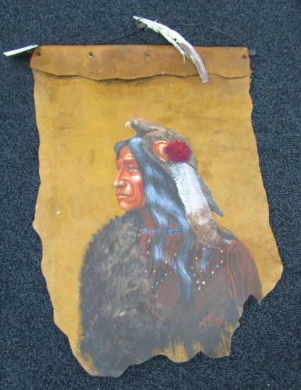1980 Hermon Adams Native American Oil Painting on Elk Hide - Signed by Artist