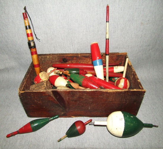 Wood Box Full Of Vintage Fishing Bobbers