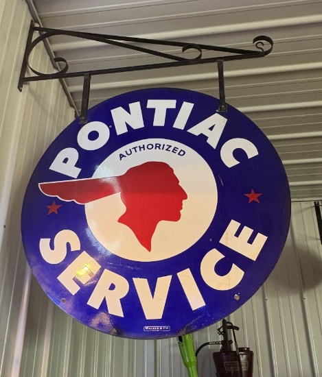 Large Pontiac Service porcelain two-sided sign w/hanger, Walker & Co. Detroit