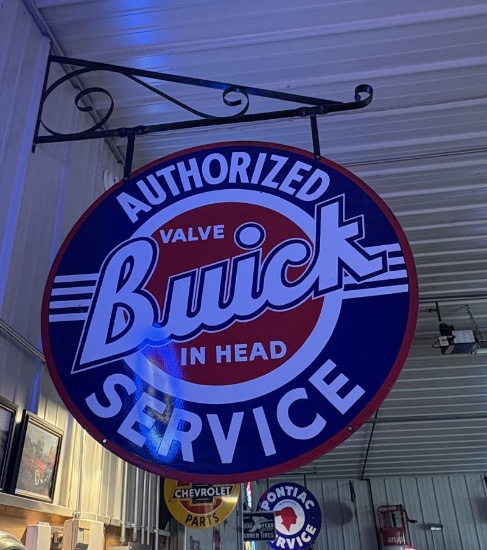 Large Buick Authorized Service porcelain two-sided sign w/hanger “Valve in Head” Walker & Co. Detroi