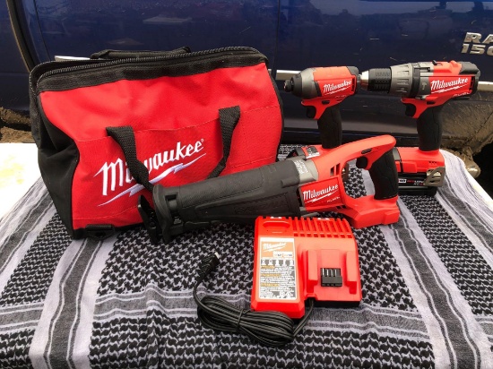 #1087 Never Used Milwaukee M18 Drill, Impact, Recip Saw, Dual Battery Charger and Bag