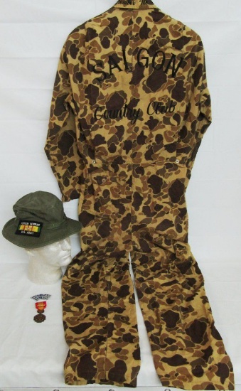 Vietnam War Veteran Camo "Saigon Country Club" Overalls-Boonie Hat Patches