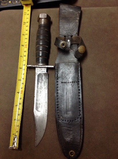 Original, Vietnam War "Camillus" 6-inch pilot's survival knife & sheath & stone
