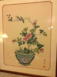 vintage Chinese original art artist signed flowers with birds on silk 2.5'x3.5'