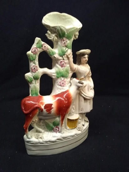 Antique Majolica Vase-Girl with Cow