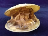 Early Antique Carved Shell Oriental Scene