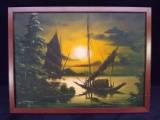 1967 Oil on Canvas-Chinese Junk Ship signed HSI FU CHEN