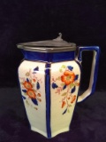 Antique Hand painted Porcelain Pitcher with Pewter Lid