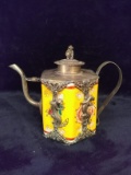 Vintage Porcelain Export Tea Pot w/ Tin Accents