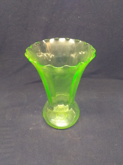 Antique Green Depression Vaseline Ruffled Edge Vase