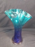 Artisan Hand Blown Ruffled Edge Blue Vase