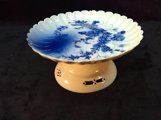 Antique Flow Blue Porcelain Cake Stand w/ Chinese Mark