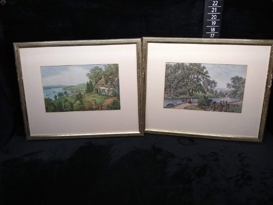 Pair Framed Colored Lithograph-Boat Ride and Farm Life