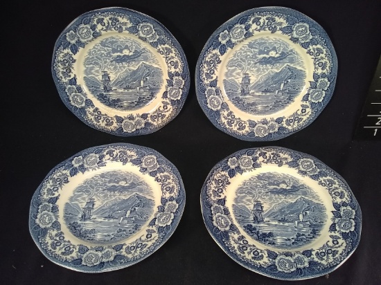 Collection 4 Blue and White  English Dinner Plates-Locks of Scotland