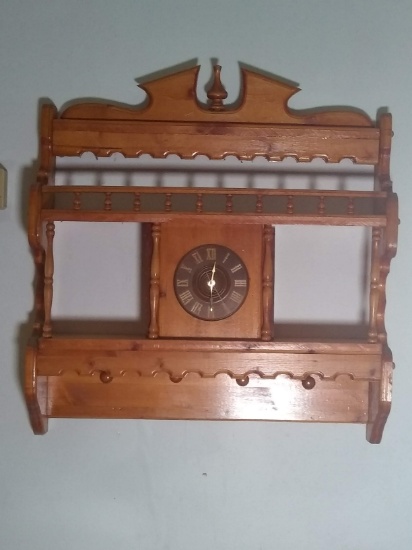 Early Pine Hanging Wall Shelf with Clock