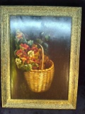 Antique Oil on Canvas-Still Life of Flowers in Basket