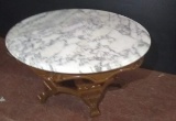 Vintage Walnut Round Marble Top Table w/ Carved Roses