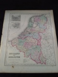 Antique 1800s Colored J.H. Colton Lithograph Map-Holland and Belgium