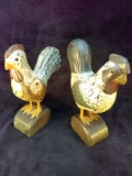 Pair Carved Wooden Decorative Rooster and Hen