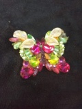 Vintage Rhinestone Butterfly Brooch-Pink, Green, Iridescent