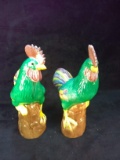 Pair Ceramic Majolica Style Rooster Figures