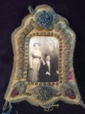 Antique Leather Beaded Picture Frame with Cabinet Photo