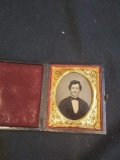 Antique Daguerreotype with Leather Frame-Gentleman with Bowtie