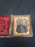 Antique Daguerreotype with Leather Frame-Gentleman with Bowtie and Open Coat