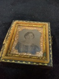 Antique Daguerreotype Photo with Partial Leather Frame-Lady with Striped Dress