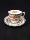 Vintage Staffordshire Cup and Saucer-Blue and Flowers