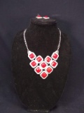 Costume Jewelry-Silver and Polished Red Stone Pendant  Necklace  & Earrings
