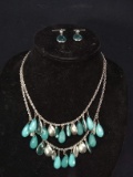 Costume Jewelry-Silver and Blue Double Strand Necklace and Earrings