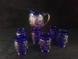 Antique Cobalt Blue Carnival Pitcher & Glass Set