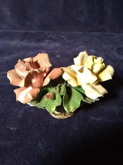 Early Porcelain Capodimonte Double Roses with Basket