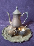 Silver Plated Tea Set with High Relief Tray