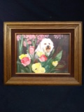 Contemporary Oil on Board-Dog and Flowers-signed M.D.