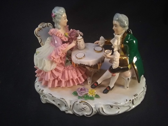 Antique Porcelain Dresden Figurine-Man and Woman Tea Party with Lace Dress and Accents